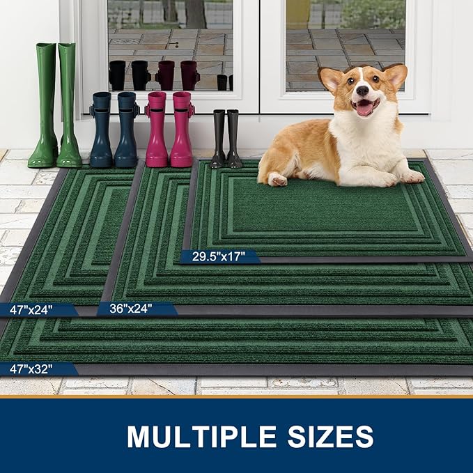 Buganda Front Door Mat Indoor Outdoor Entrance, Non-Slip Natural Rubber Doormats, Easy Clean, Low Profile, Dirt Trapper Entryway Floor Mats for Outside, Garages and Patios, 29.5x17, Green