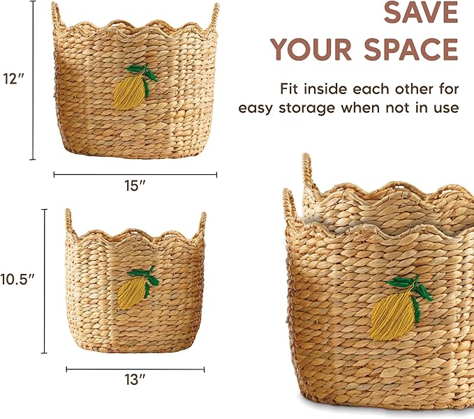 Greenatural Water Hyacinth Storage Baskets Set of 2, Handwoven Round Organizers with Wavy Edge and Embroidered Yellow Lemons, Wicker Bins with Handles for Laundry, Blankets, Plants, Bedroom, Bathroom