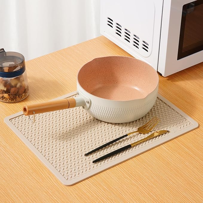 Silicone Drying Mat & Heat Resistant Mat for Kitchen Counter, Non-Slip Dishwasher Safe, Raised Edge for Dishes Bottles Sink (15.35x11.61in, Beige)