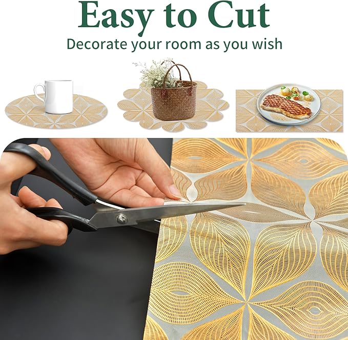 3D Drawer and Shelf Liner for Kitchen Cabinet: 12 in X 30 Ft Waterproof Shelf Paper Non Adhesive Refrigerator Liners Golden Leaf Easy Liners for Bathroom with Knife Tape Measure