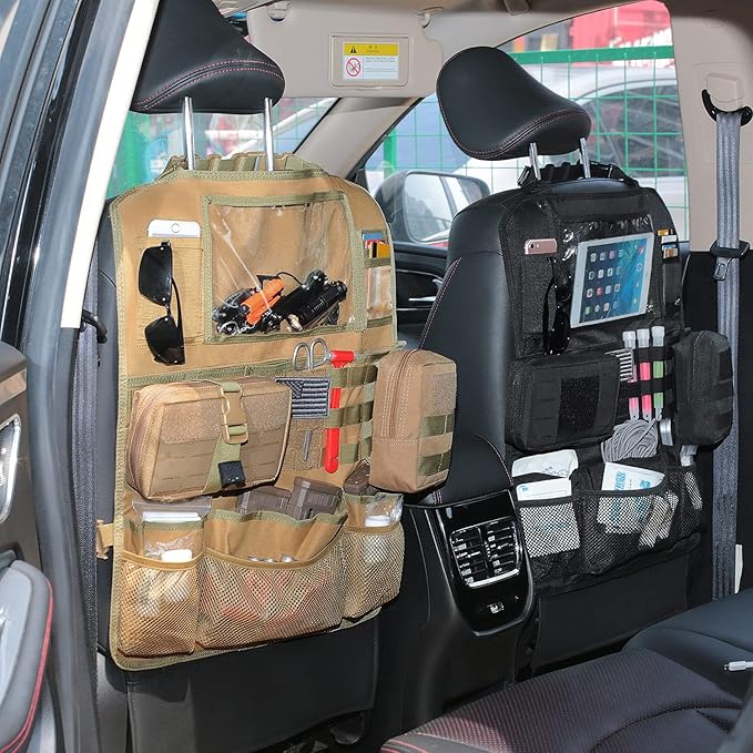 Tactical Car Seat Back Organizer Upgraded Tactical Molle Seatback Cover Protector Universal Fit Vehicles Truck MPV Pickup (Khaki)