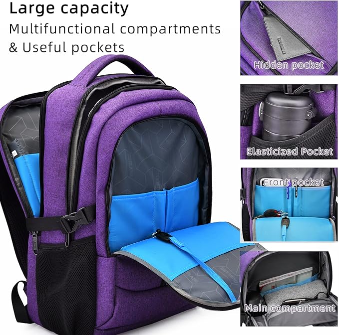 DUSLANG 17 Inch Laptop Backpack for Travel, Water Resistant College Backpack for Women, Laptop Bag with USB Charging Port, Work Backpack, Purple