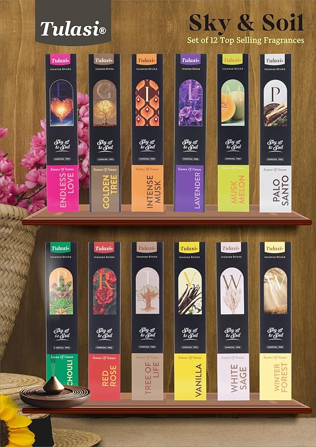 Tulasi Incense Sticks Gift Set – 144 Natural Scented Sticks (12 Fragrances) – Aromatherapy, Meditation, Yoga, Stress Relief, Air Purification – Long-Lasting Fragrance Gift Box (40g), Thanks Giving