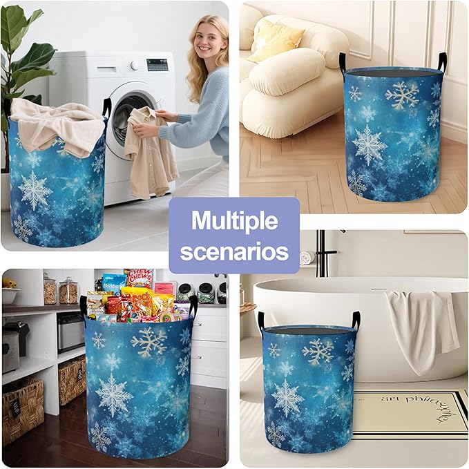 Laundry Basket-Christmas Blue Snowflakes Foldable Waterproof Oxford Cloth Funny Tote Bag Laundry Hamper Clothes Storage Bucket Organizer For Bathroom/Laundry Storage/Bedroom Storage Basket