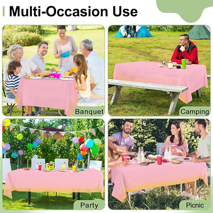 misaya 10 Packs Dot Disposable Table Cloth, 54 x 108 Inch Waterproof Plastic Tablecloth, Rectangle Gold Dots in Pink Table Covers for Mother's Day, Picnic, Birthday, Party