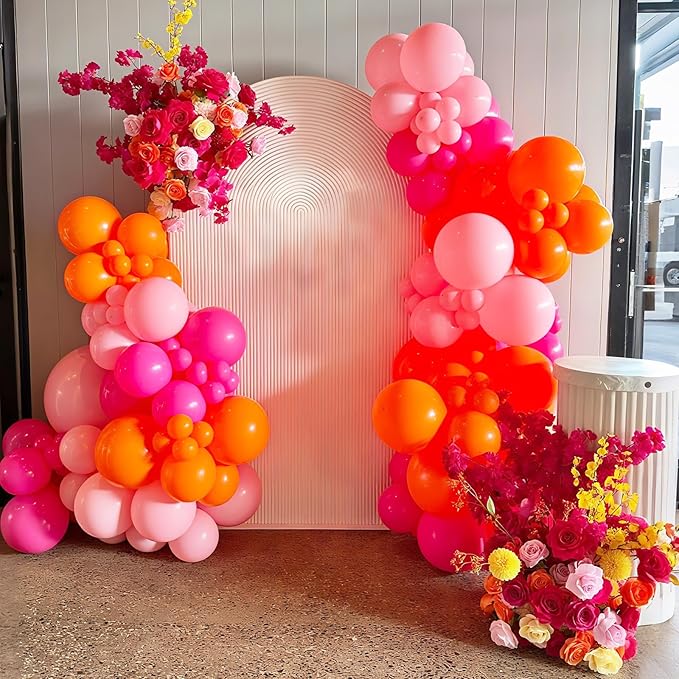 Pink Orange Balloon Garland Arch Kit,120Pcs 18/12/10/5 Inch Hot Pink Orange Metallic Gold Latex Balloons with Star Foil for Birthday Summer Tropical Wedding Party Decorations