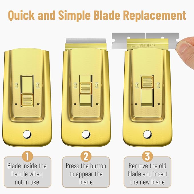 Bates- Metal Razor Blade Scraper Tool, 2 Pack, 30 Extra Blades, Gold, Heavy-Duty Cleaning Razor Scraper Tool