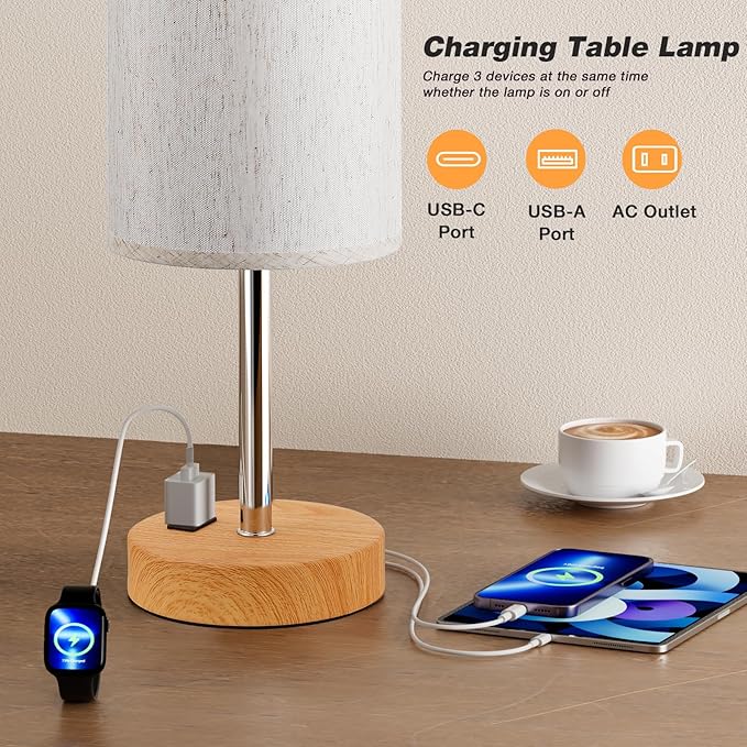 Fenmzee Touch Table Lamp - Cream, 3-Way Dimmable, USB A + C Charging, AC Outlet, 17.4inch Medium, Wood Grain Base