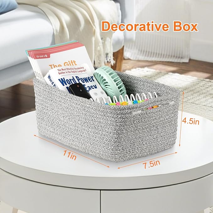 Ordn2Ordn Small Storage Baskets for Organizing, Woven Storage Bins for Shelves, Gift Basket Empty, Cute Decorative Closet Organizer, Baby Rope Basket, Dog Toy Storage, 11x7.5x4.5”, 3Packs Mixed Gray
