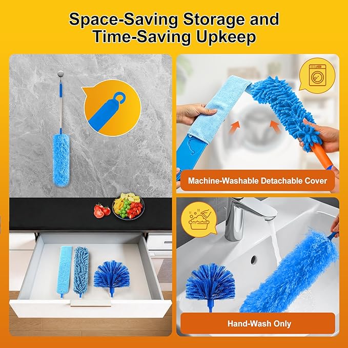 Tiumso 5-in-1 Microfiber Duster Kit with 100” Extension Pole – Reinforced Stainless Steel Telescopic Handle for High Ceiling Fans, Cobwebs & Vents – Multi-Head Dusters for Cleaning with Anti-Spin Pole