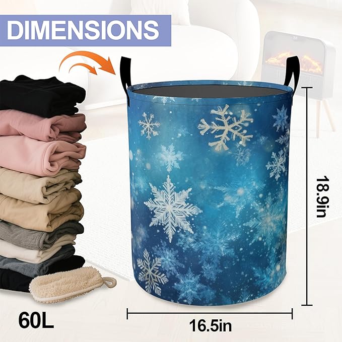 Laundry Basket-Christmas Blue Snowflakes Foldable Waterproof Oxford Cloth Funny Tote Bag Laundry Hamper Clothes Storage Bucket Organizer For Bathroom/Laundry Storage/Bedroom Storage Basket
