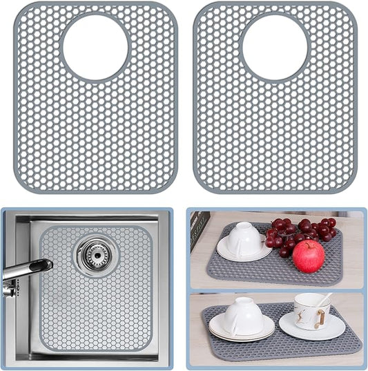 2 Pack Silicone Kitchen Sink Protector Mat with Rear Drain - 13.58''x 11.6'' Kitchen Sink Accessory, Folding Non-Slip Heat Resistant Mat Grid for Bottom of Porcelain Stainless Steel