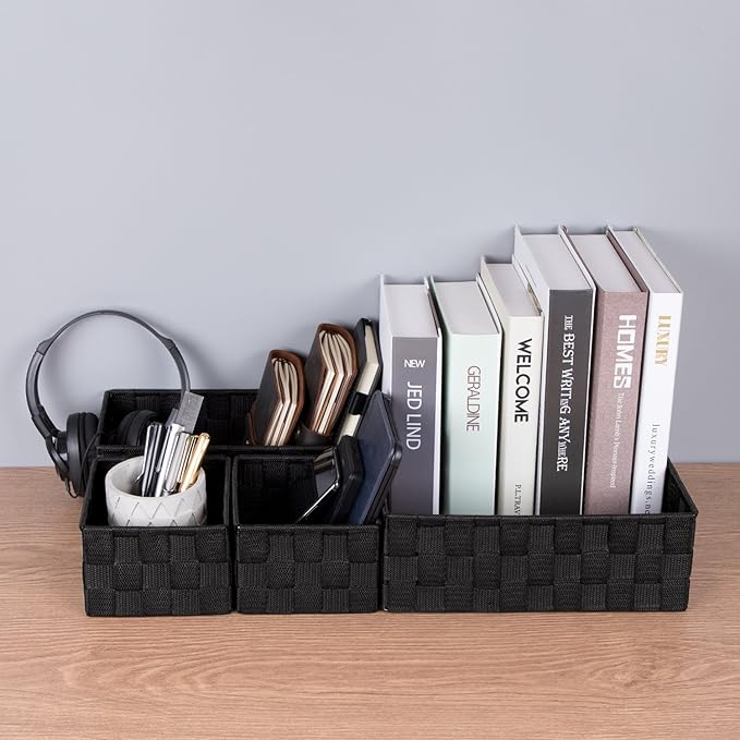 Posprica Small Black Baskets Cube Bin Container Tote, Woven Storage Baskets for Organizing, Organizer Divider for Drawer, Closet, Shelf, Dresser, Set of 4