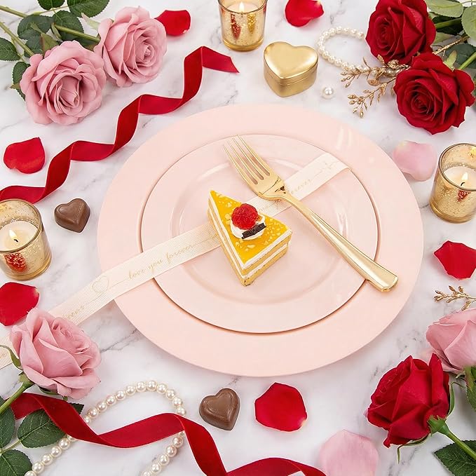 FLOWERCAT 60PCS Pink Plastic Plates - Heavy Duty Pink Disposable Plates for Easter Party & Valentine's Day/Wedding - Serving 30 Guests, Includes 30PCS 10.25inch & 30PCS 7.5inch