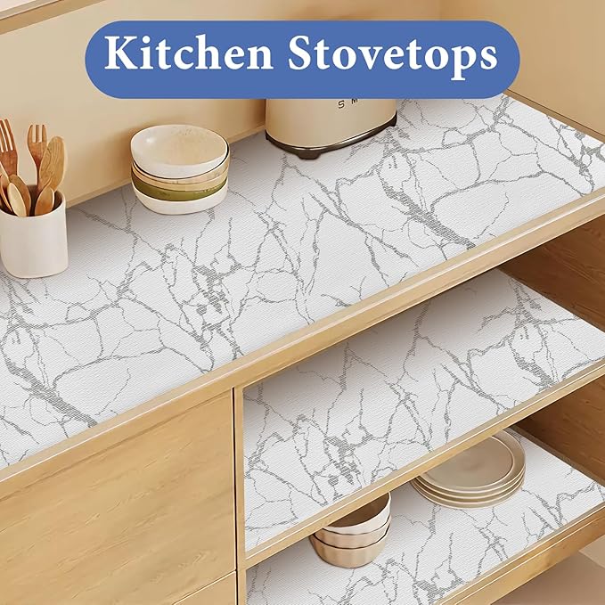 Drawer and Shelf Liner for Kitchen Cabinet: 17 in x 20 ft Non-Slip Waterproof Shelf Paper, Non-Adhesive Refrigerator Liners, Silver Marble Easy Liners for Bathroom with Knife and Tape Measure
