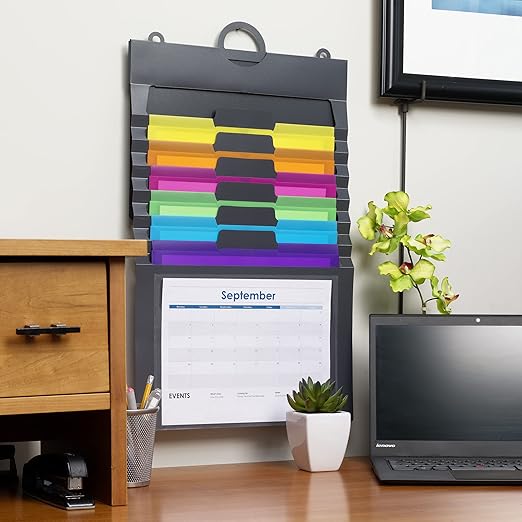 SMEAD Cascading Wall Organizer, 6 Removable Folder Pockets, Letter Size, Gray/Bright Pockets (92060)