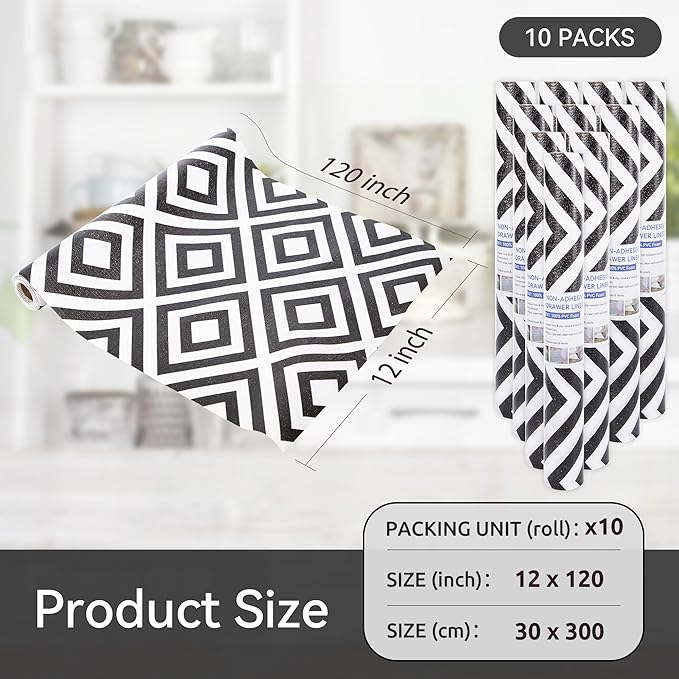 FIFTY FEET 12"x120" Non-Adhesive Shelf Liner for Kitchen Cabinets and Drawers, Washable Non-Slip PVC Cabinet Liner (Black Plaid)(10 Roll)