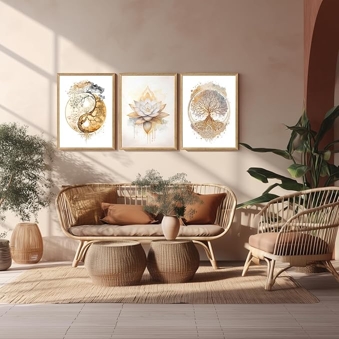 GELDSTEI Tree of Life Wall Art, Calming Zen Wall Decor, Abstract Yin Yang Tree Canvas Painting, Modern Gold Lotus Flower Meditation Poster Print for Living Room Yoga Room Bedroom Wood Framed 12"x16"x3