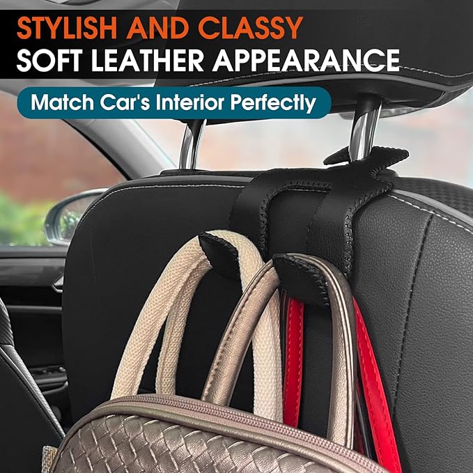 LANVRION Car Headrest Hooks for Purses and Bags, Upgraded 2 in 1 Cars Back Seat Head Rest Hanger Vehicle Leather Organizer Storage Holder Hook Matching Cars Interior, 1-Pack, Brown