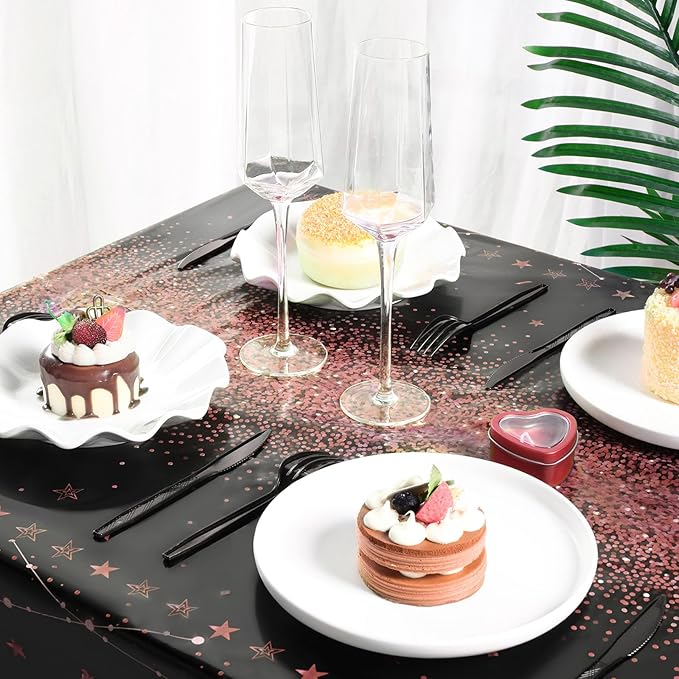 Tudomro 3 Pcs Happy Birthday Tablecloths Happy Birthday Party Decorations Plastic Table Cover Rectangular Cloths for Women Men Baby Shower Party Supplies, 108 x 54 Inch (Black Rose Gold)