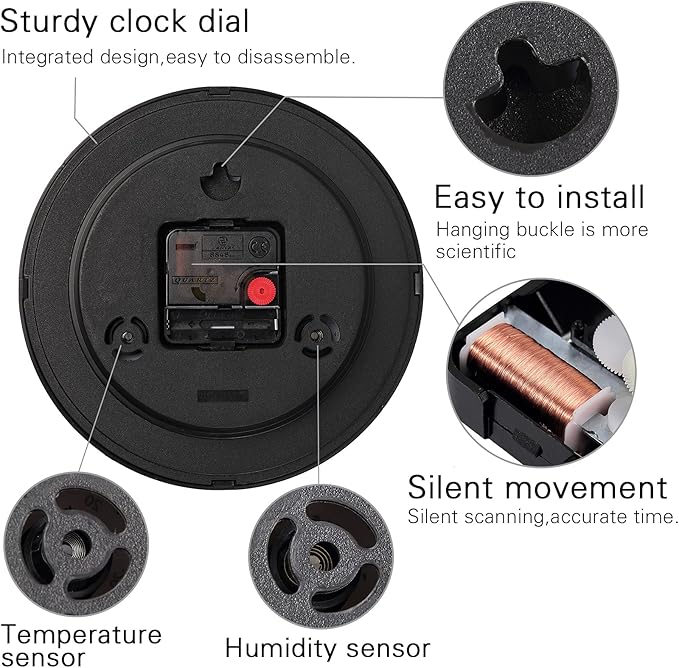 Wall Clock, Sweep Silent Movement Accurate Clocks with Temperature & Humidity, Decorative for Kitchen/Living Room/Bedroom/Office/School/Classroom (Black, 8 inch)