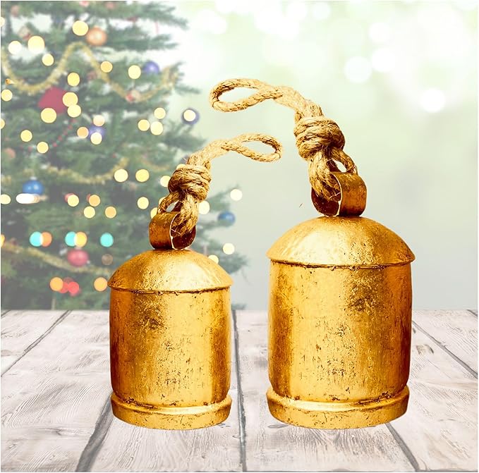 Rustic Decorative Bells Set of 2 - Giant Harmony Cow Bells Huge | Handmade Vintage Christmas Bells Golden Cowbell Country Style Jute Rope Hanging Bell Wall Decor (2X Harmony Bells 4"-6")