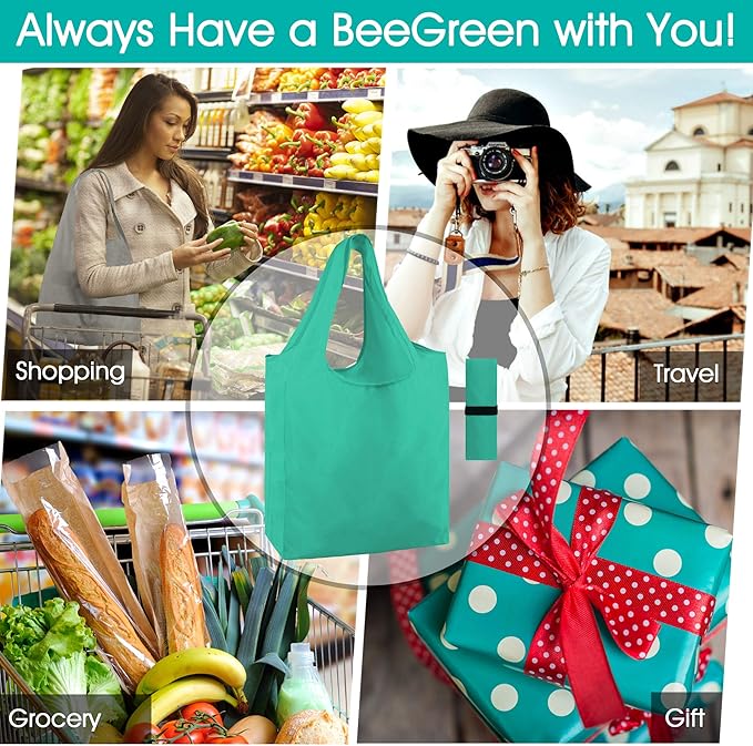 BeeGreen Reusable Grocery Bags, Foldable, Machine Washable, Reusable Shopping Bags Bulk, Colorful 10 Pack, 50LBS Extra Large Folding Reusable Bags Totes with Zipper Storage Pouch, Lightweight Polyester Fabric