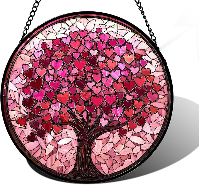 Stained Glass Window Hanging, Pink Love Tree of Life Sun Catchers Colorful Glass Panel Suncatcher Decor for Birthday for Women, Men, Wife, Lovers, and Mom 9.8 in