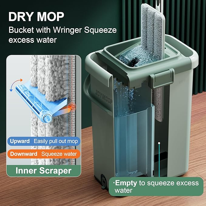 JOYMOOP Mop and Bucket Set – Commercial and Household Floor & Wall Cleaner with Long Handle, Includes 5 Microfiber Mop Pads for Easy Use
