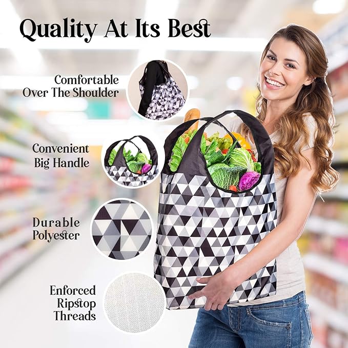 O-WITZ Reusable Grocery Bags | Vibrant Tote Bag For Groceries, Gym, Office, Beach & More | Washable Design With Large Handles For Maximum Convenience | Folds Into Small Pouch, 5 Pack, Black and White