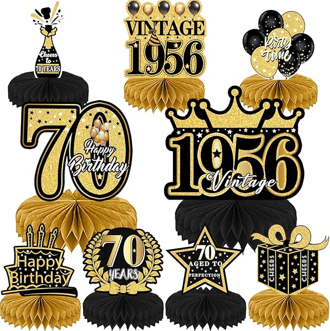 Refavor 70th Birthday Decorations Men, Happy Vintage 70 Years Old Honeycomb Centerpieces Party Decor for Women, 9pcs Cheer Black Gold Table Supples