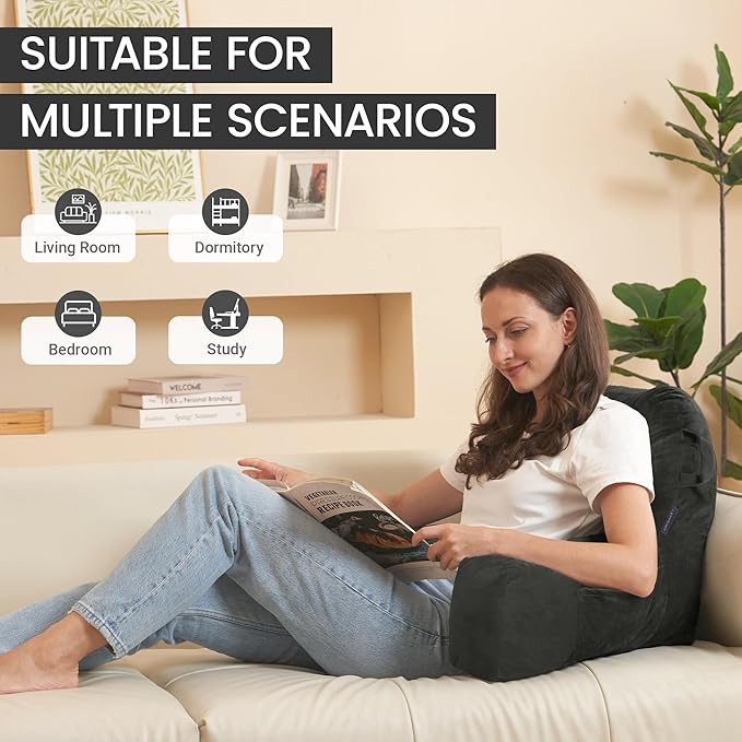 Portable Comfy Reading Pillows for Bed Sitting Up(Grey Oeko-Tex), Velvet Back Pillow with Arms & Pockets for Adults, Support Memory Foam Bed Pillow for Dorm/Reading/Watching/Gaming