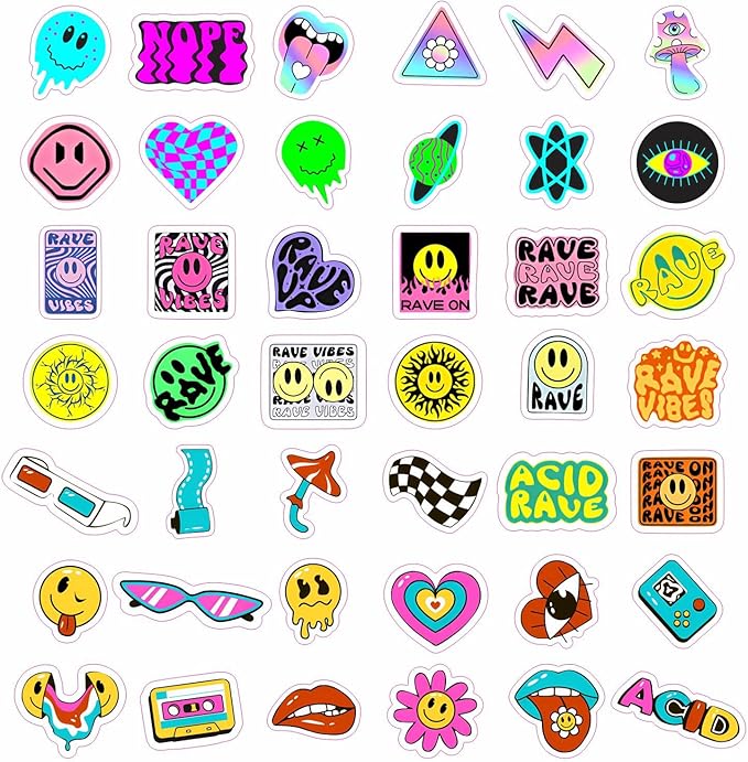 BulbaCraft Rave Stickers for Water Bottle and Laptop - Trippy Stickers, Psychedelic Party Favors & Decorations, Waterproof Vinyl Festival Decals, Gifts for Women & Men