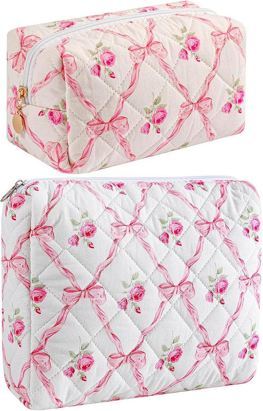 HHQQWZ Makeup Bag Travel Cosmetic Bag for Women Girls, Zipper Make Up Pouch, Floral Flowers Toiletry Organizer Makeup, Portable Storage Bag, Cosmetic Travel Cloth Bag (2 Pack (L+S)/Pink Bowknot)