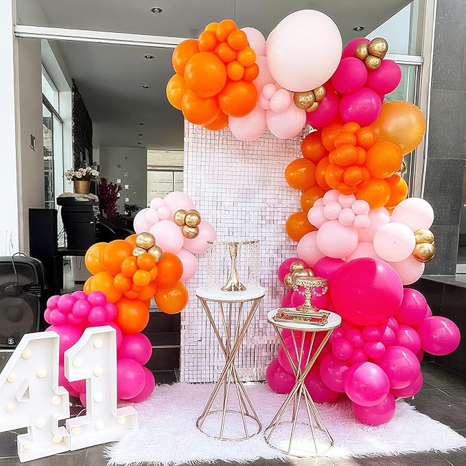 Pink Orange Balloon Garland Arch Kit,120Pcs 18/12/10/5 Inch Hot Pink Orange Metallic Gold Latex Balloons with Star Foil for Birthday Summer Tropical Wedding Party Decorations