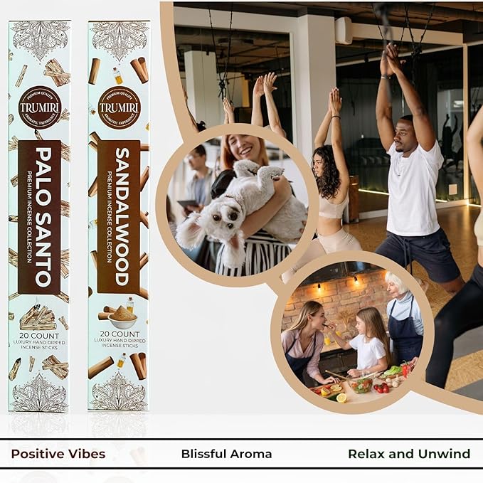 Trumiri Incense Sticks - Combo Pack of 40 Insence-Sticks - 20 Palo Santo + 20 Sandalwood - Insenses - Insents - Incents - Inscense - Incence - Incienso - All Natural Incense Sticks