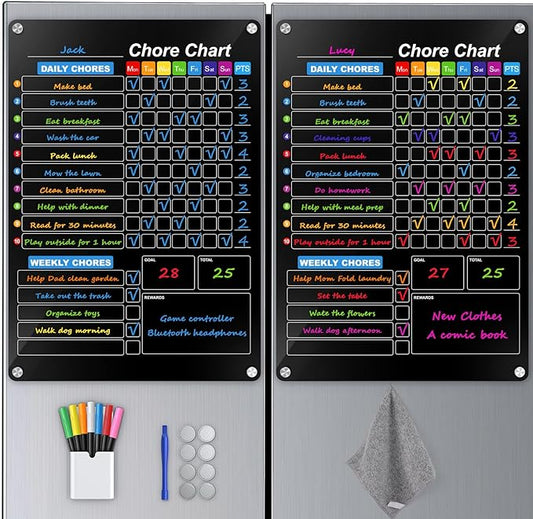 2-Pack Acrylic Magnetic Chore Chart for Kids, 12"x16" Daily/Weekly Easy-Check Reward Responsibility to Do List, Fridge Dry Erase Board for Multiple Kids Teens Adult Family with 7 Markers