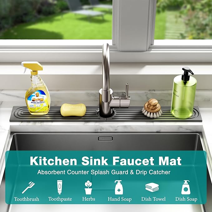 Stone Faucet Mat for Kitchen Sink - Quick Dry Diatomite Sink Splash Guard, Prevents Moisture Buildup & Water Stains, Water Absorbing Stone Tray for Bathroom Countertop (Dark Gray, 23.6" x 4")