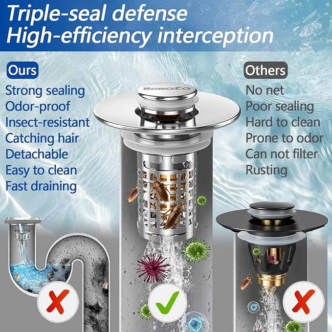 3-in-1 Bathroom Sink Drain Strainer, Stainless Steel Pop-up Strainer Basket Hair Catcher with Removable Basket, Brass Bullet Core, Universal Fit 1.1-2.36 Inch (Silver(New 1pcs))