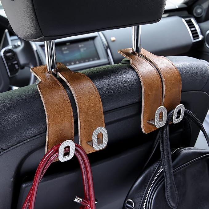 Car Headrest Hooks Universal Car Purse Hook Premium Leather and Alloy Twin Hook Car Seat Back Storage Hanger Hook for Purse Bags Cloth Drink Durable Holder Car Accessories (BH09-Brown-Silver-4 Pcs)