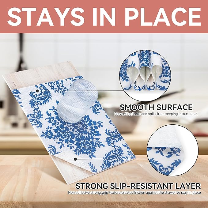 RAY STAR Shelf Liner, Non Adhesive Vintage Navy Blue Floral Kitchen Cabinet Liner for Pantry Drawer Vanity, Strong Grip Non Slip, Shelf Liners for Kitchen Cabinets Cupboard 18 Inch x 8 FT (3 Rolls)