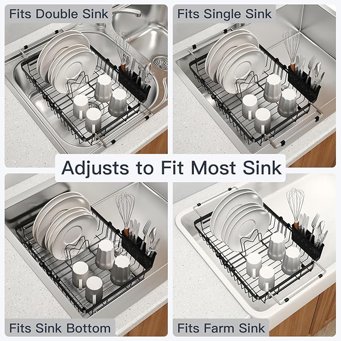 MAJALiS Small Expandable Over The Sink Dish Drying Rack Drainer In Stainless Steel Metal For Kitchen, Counter Space Saving Compact Plate Dryer Strainer Adjustable Hanging Inside Sink Wire Drain Holder