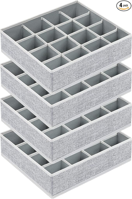 Joyoldelf Sock Drawer Organizer Divider Underwear Organizer 16-cell Fabric Dresser Drawer Organizers Storage Boxes for Socks Lingerie, Handkerchiefs, Ties 4 Pack (Blended-Grey)