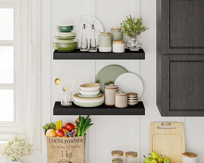 Fixwal Black Shelves, 15.8in Floating Shelves, Farmhouse Shelf Wall Decor for Bathroom, Bedroom, Living and Kitchen Set of 6