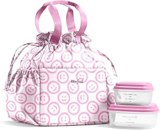 Fit & Fresh Cromwell Drawstring Lunch Bag for Women, Complete Lunch Set with 2 Containers, Stain-Resistant, Leak-Resistant, Back to School Essential, Teacher Lunchbox, All Smiles Pink