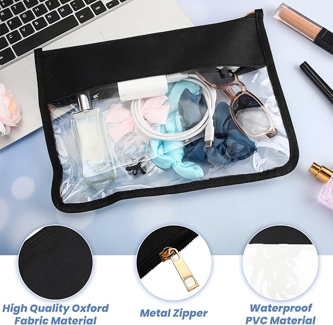 Teling 8 Pieces Clear Makeup Bags DIY Chenille Letter Pouch Clear Zipper Pouches Travel PVC Oxford Cloth Cosmetic Portable Waterproof Makeup Storage Bag Toiletry Snack Organizer for Women Girls, Black