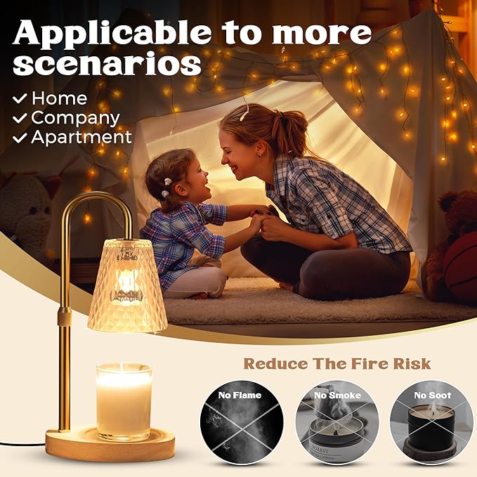 Candle Warmer Lamp with Timer: Electric Candles Warmers Adjustable Height Dimmable - Large Wax Candle Warmers Lamps Scented Flower Light - Home Decor Vintage Wood Base Shade Heat Modern Style Gold