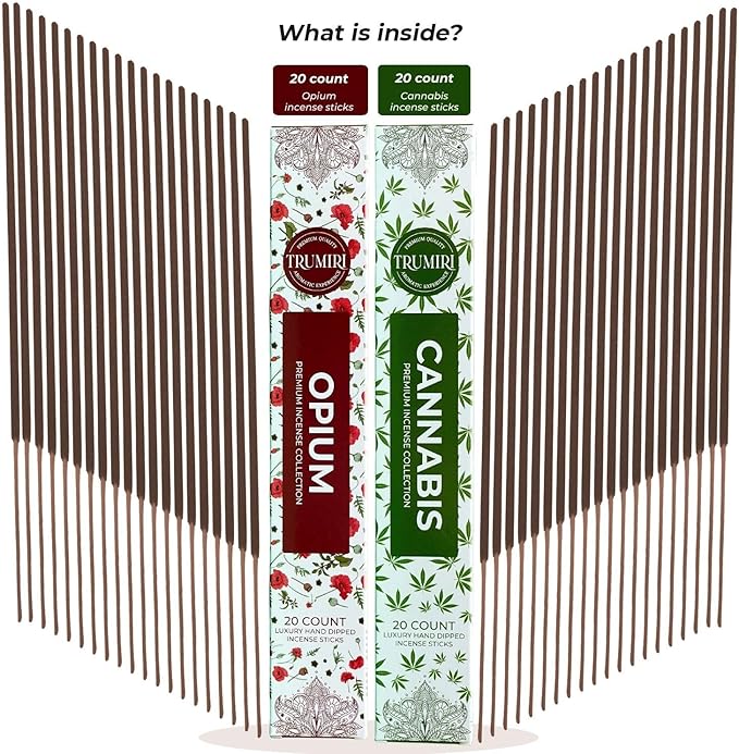 Trumiri Incense Sticks - Combo Pack of 40 Insence-Sticks - 20 Opium + 20 Cannabis - Insenses - Insents - Incents - Inscense - Incence - Incienso - All Natural Incense Sticks
