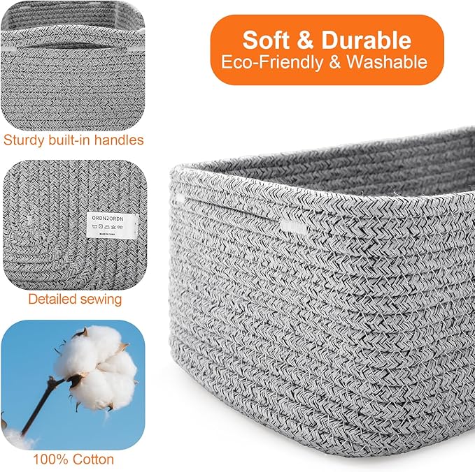 Ordn2Ordn Small Storage Baskets for Organizing, Woven Storage Bins for Shelves, Gift Basket Empty, Cute Decorative Closet Organizer, Baby Rope Basket, Dog Toy Storage, 11x7.5x4.5”, 3Packs Mixed Gray
