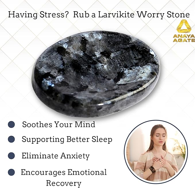 Larvikite Worry Stones – Crystal Thumb Worry Stone for Anguish, Stress – Relaxing & Soothing Balance Stones for Meditation, Relief – Healing Stones & Crystals for Men, Women
